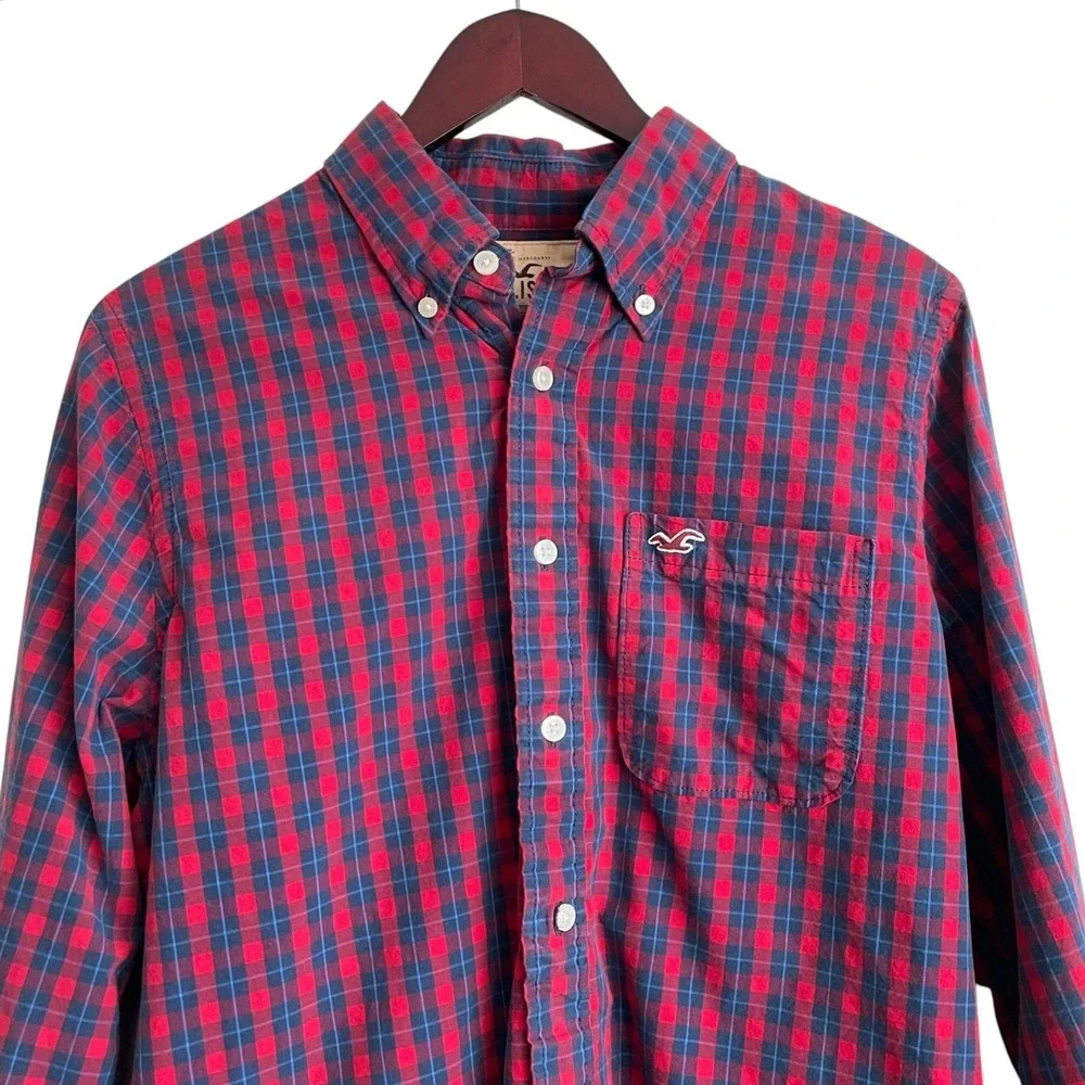 Hollister Mens Button Down Shirt XL Red Blue Plaid Cotton Long Sleeve Preppy